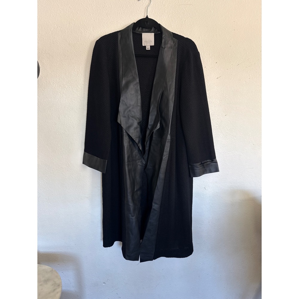 Misook Collection Black Knit Duster Coat Genuine Leather Trim Open Front Large